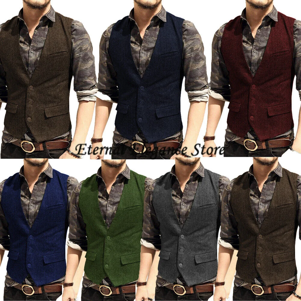 

Solid Color Men's Vest Business Formal Single Breasted V Neck Retro Tweed 조끼 Waistcoat жилетка мужская классика Chaleco Hombre