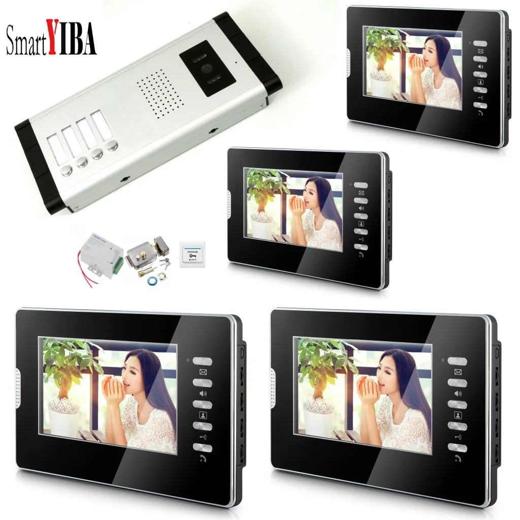 

SmartYIBA 7" 4 Units Video Door Phone+Door Lock Access Control Kits Video Intercom Hands-free Video&Audio Doorbell for Apartment