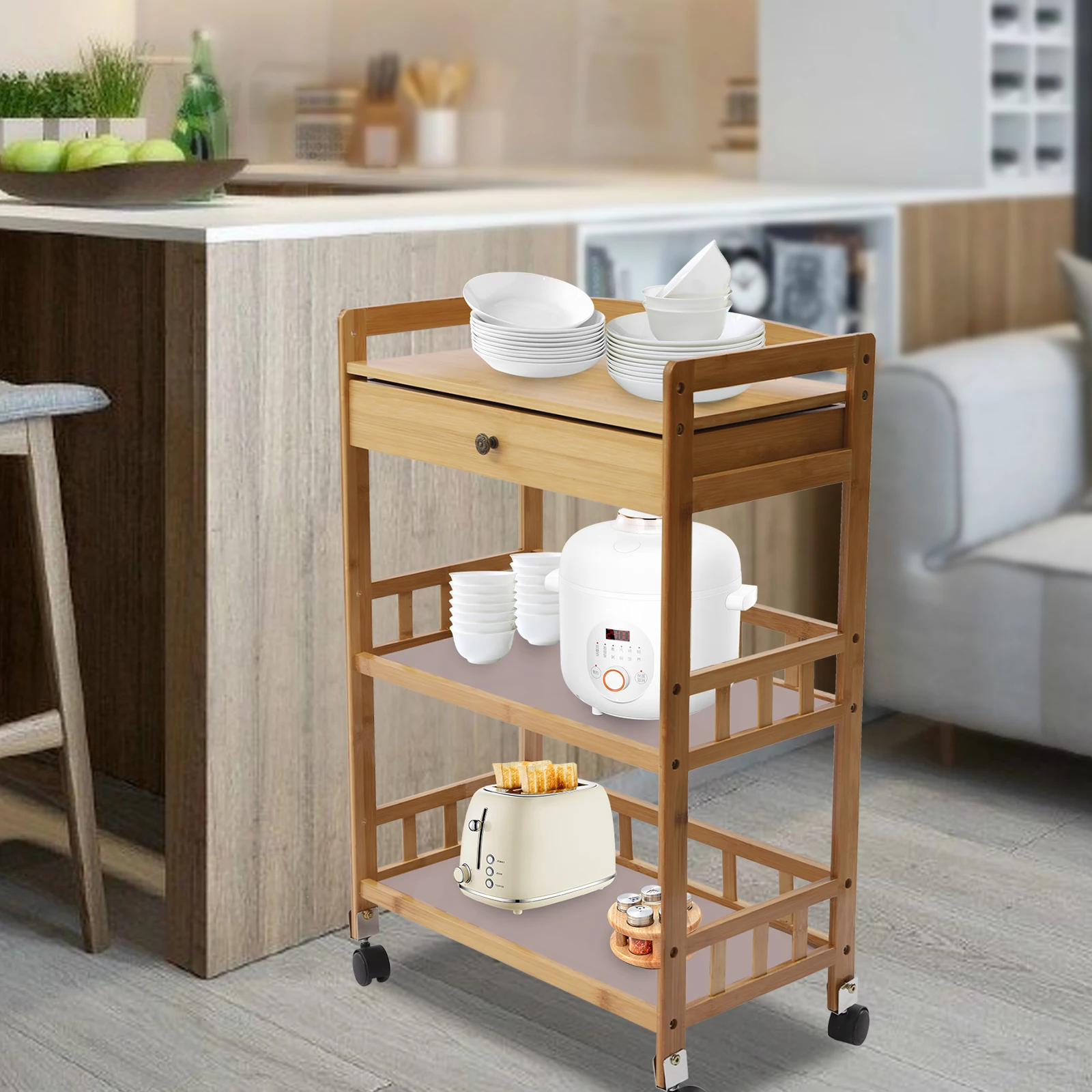 3 Tiers Shelves Mobile Cart 80cm Elegant Practical Bamboo Kitchen Rolling Trolley With Drawers & 4*Universal Wheels
3 Tiers Shelves Mobile Cart 80cm Elegant Practical Bamboo Kitchen Rolling Trolley With Drawers & 4*Universal Wheels