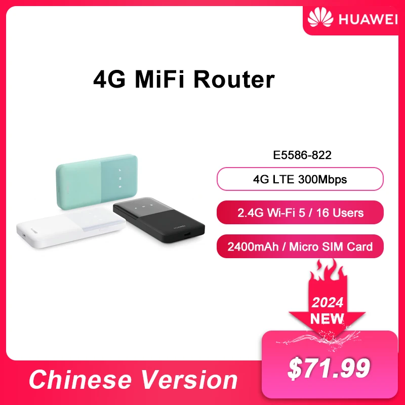 

2024 New Original HUAWEI WiFi 5 E5586-822 4G Pocket MiFi 300Mbps Support 16 Users 2.4G Wifi With 2400mAh battery