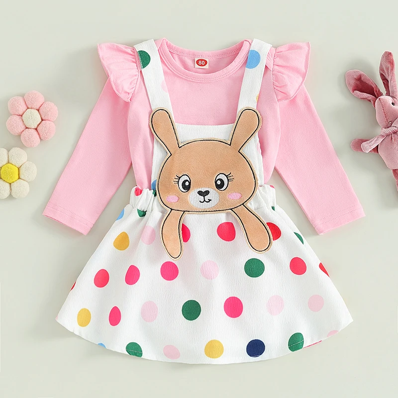 

Newborn Baby Girl Easter Outfits Long Sleeve Ruffle Rompers Rabbit Suspender Skirt Bunny Overall Dress 0-18M