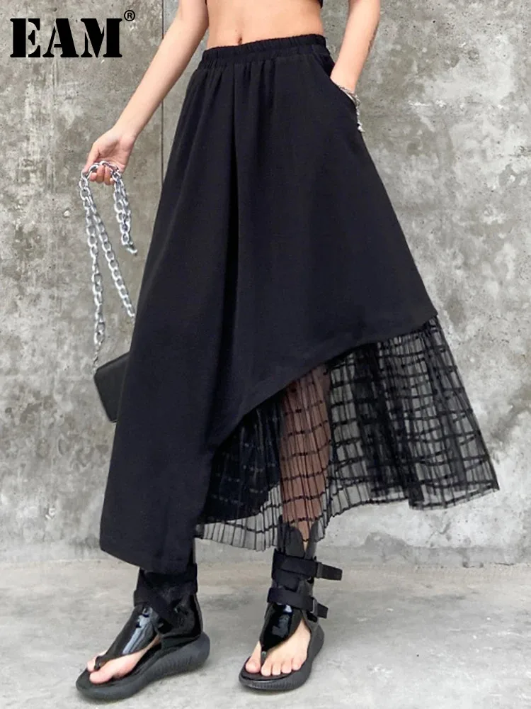 

[EAM] High Elastic Waist Black Irregular Mesh Casual Midi Half-body Skirt Women Fashion Tide New Spring Autumn 2024 1DH4596