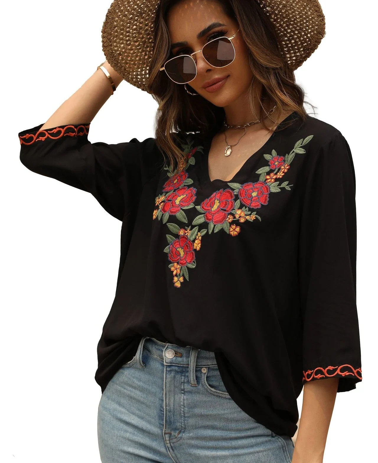 

Boho Beach Loose Blouses Summer Vintage Floral Embroidery Lady Blusas Casual Black Cotton Rayon Blouse Shirts Women Tops