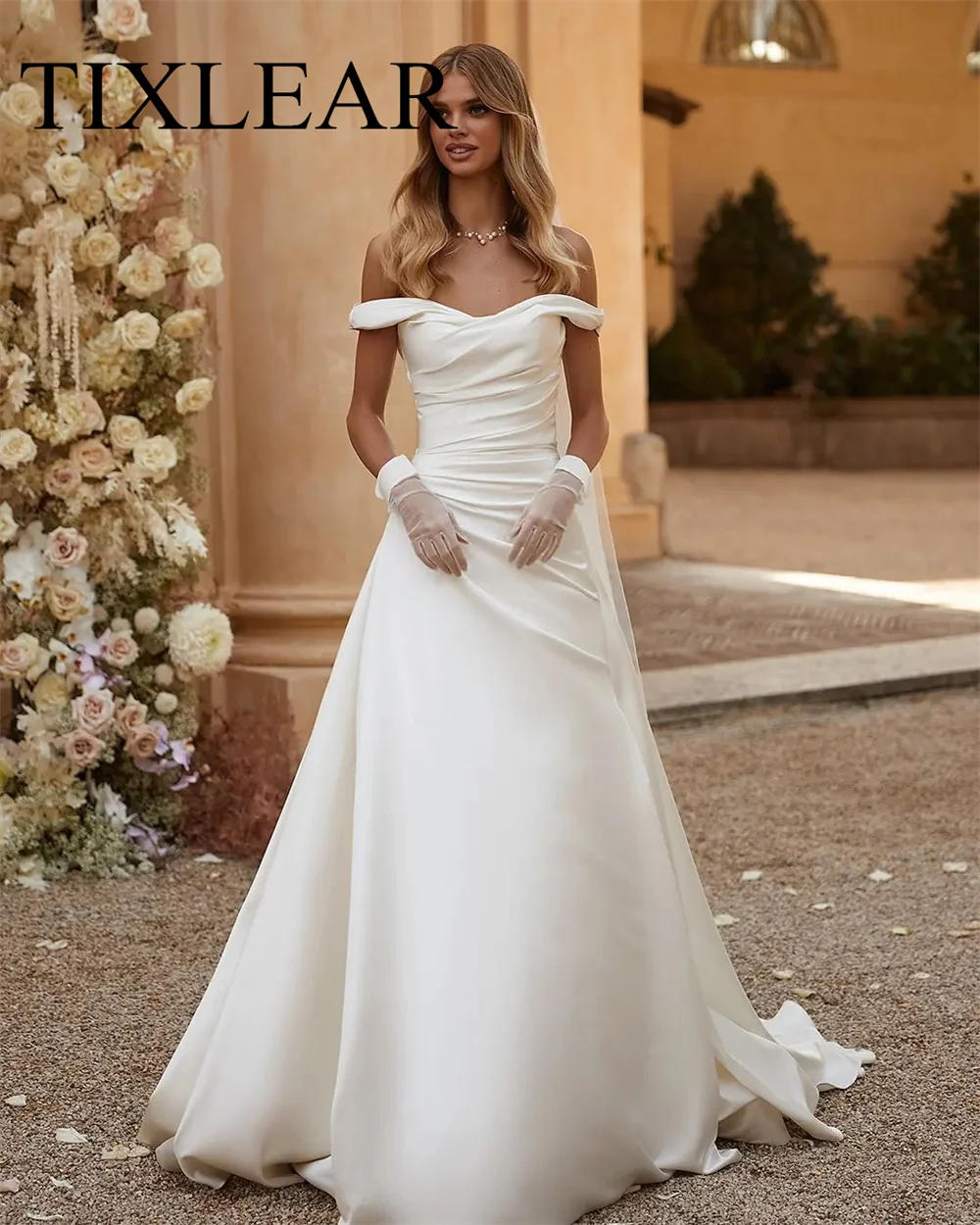 

TIXLEAR Simple A-Line Wedding Dress with Strapless Off the Shoulder Ruched Pleat Floor Length Bridal Gown Robe De Mariage New