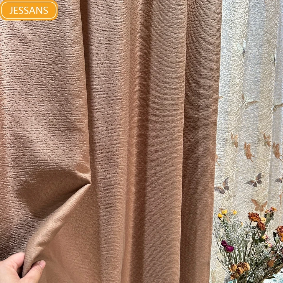 

Caramel Pink Brown Jacquard Thickened Shading Heat Insulation Sound Curtains for Living Room Bedroom French Window Balcony