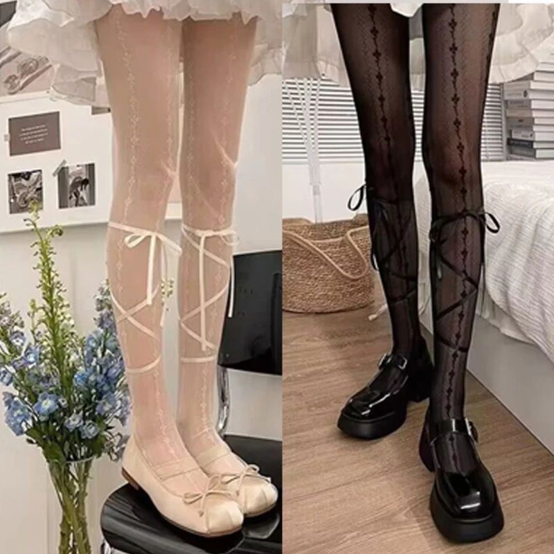 

Sweet Ballet Striped Patterned Pantyhose for Women JK Girls Ribbon Ties Bowknot Thin Sheer Tights Stockings DropShip