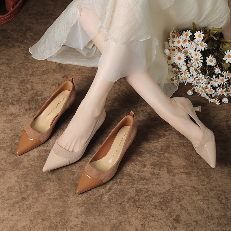 Sheep suede patchwork thousand gold style high heels, autumn new pointed leather elegant single shoe
Sheep suede patchwork thousand gold style high heels, autumn new pointed leather elegant single shoe
