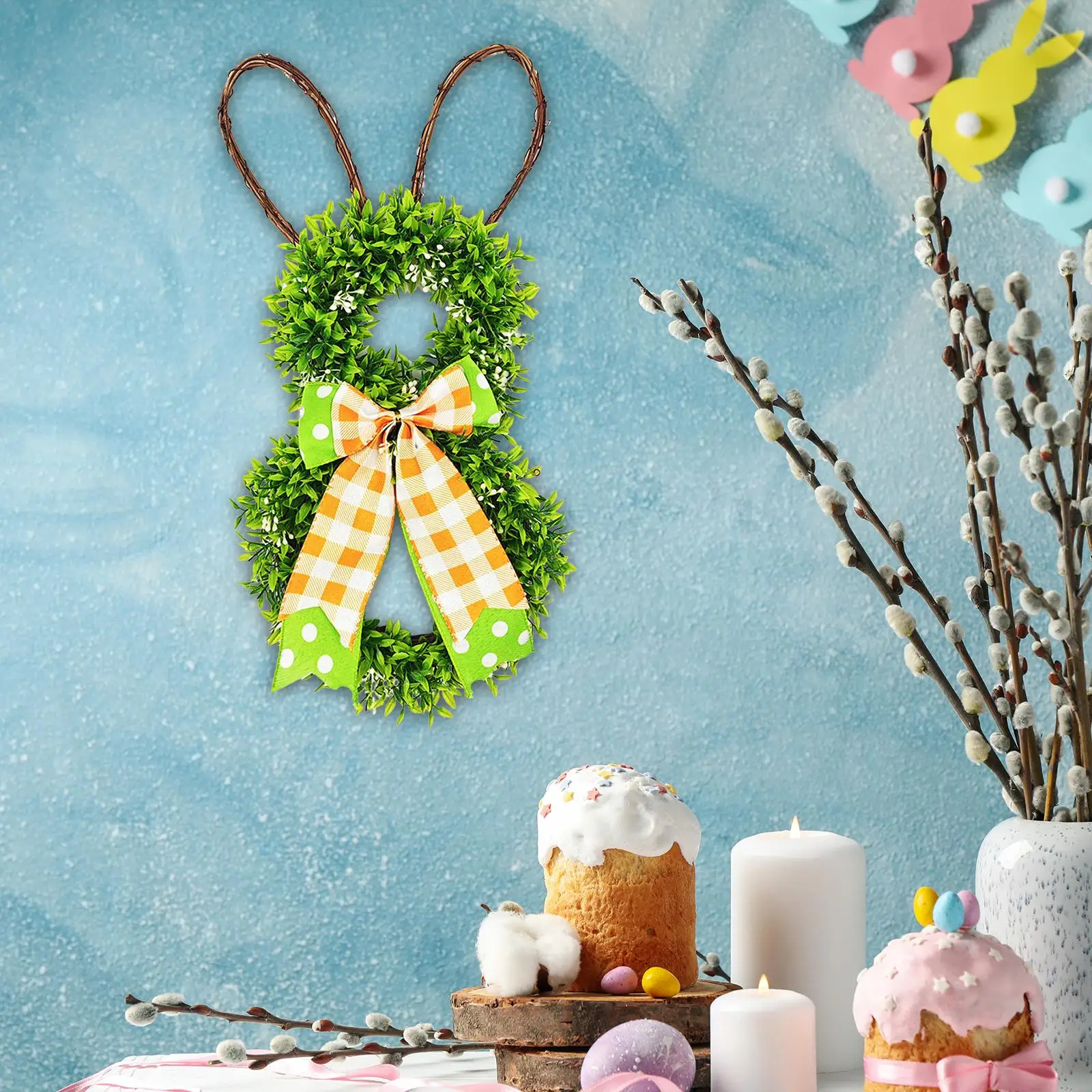 

Easter Bunny Wreath Easter Decoration with Bowknot Front Door Wreath Spring Wreath for Window Farmhouse Office Festival Party