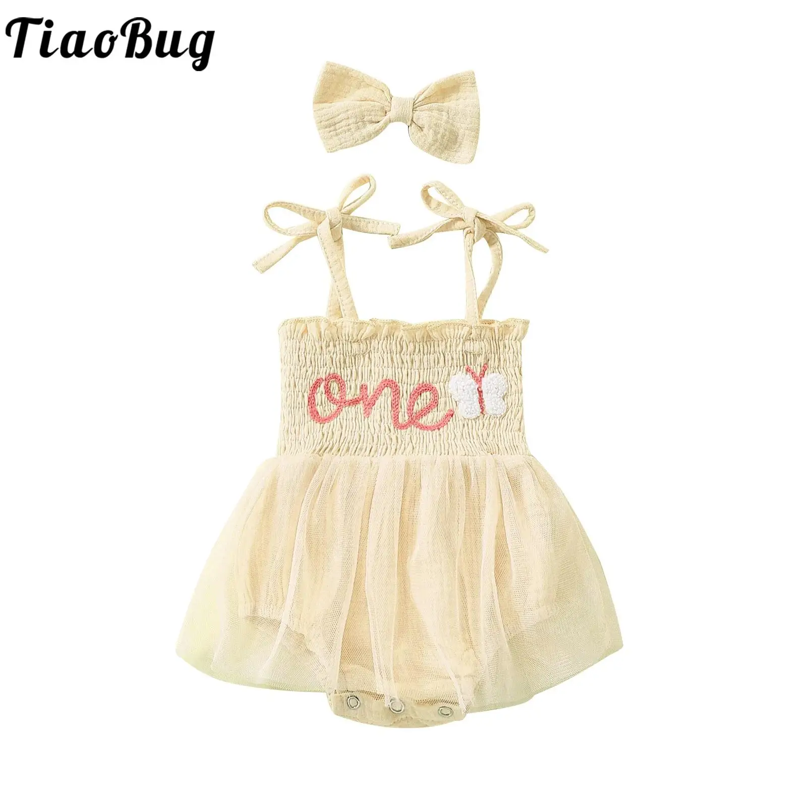 

Baby Girls 1st Birthday Outfits Sleeveless Smocked Tulle Dress Romper with Headband for One Year Old Party Photo Shoot Clothes