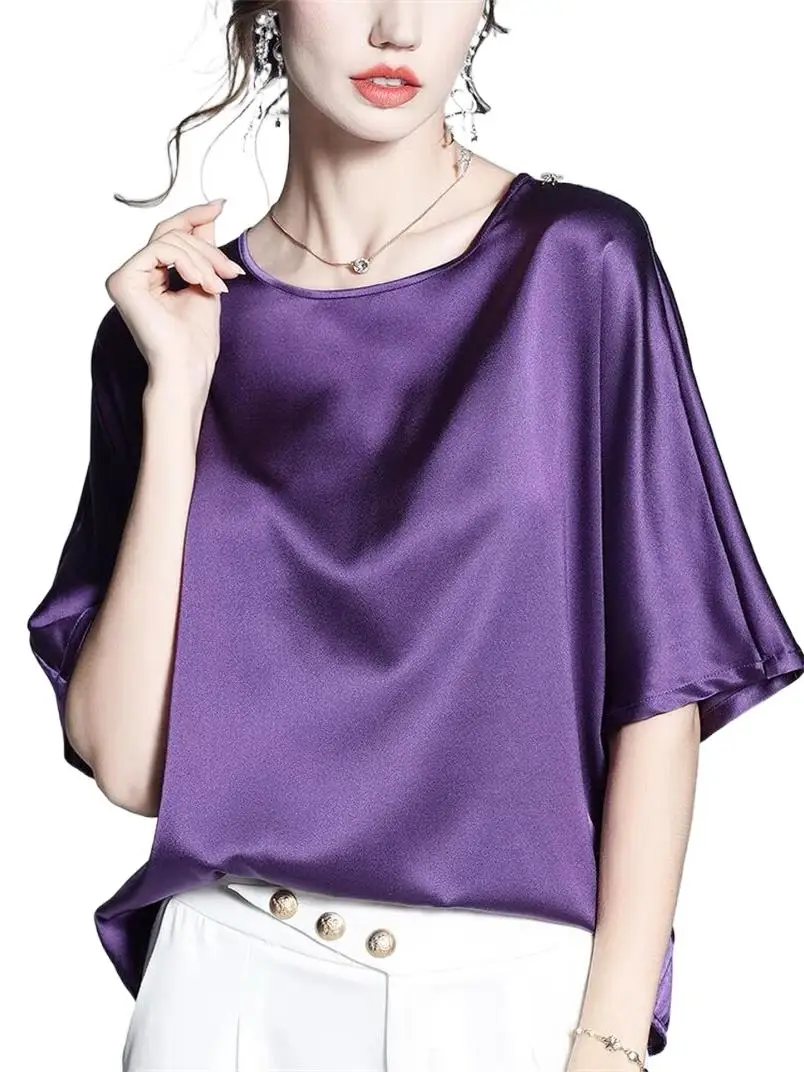 

2024 Spring Summer New Solid Satin Batwing Half Sleeve Slash-neck Blouses Women's High Street Casual Shirt Female Blusas