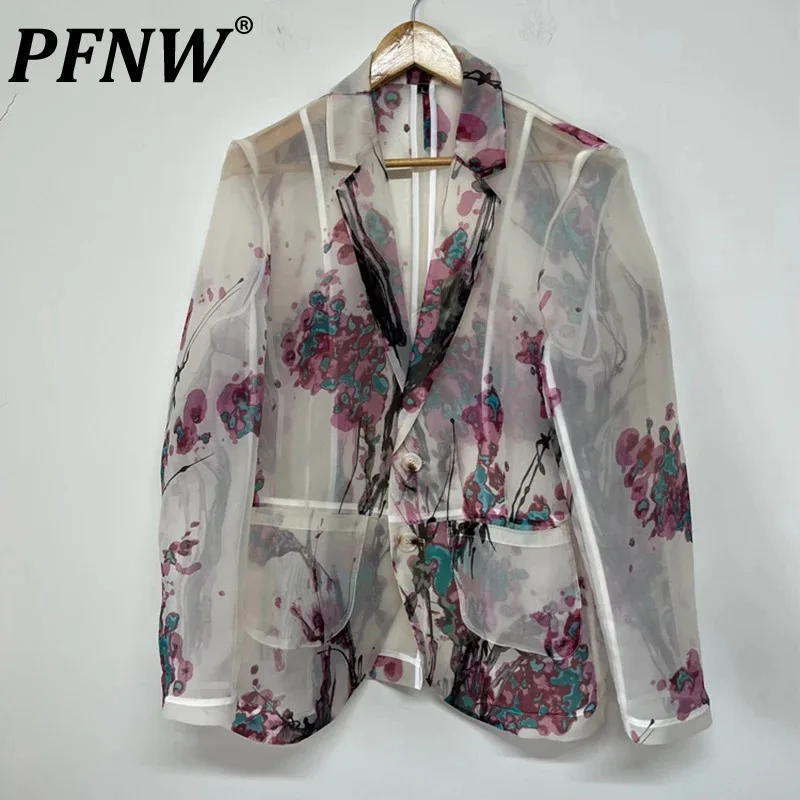 

PFNW Men's Elegant Fresh Plum Blossom Printing Suit Coat Perspective Organza Designer China-Chic Autumn New Blazers Coat 21Z2118