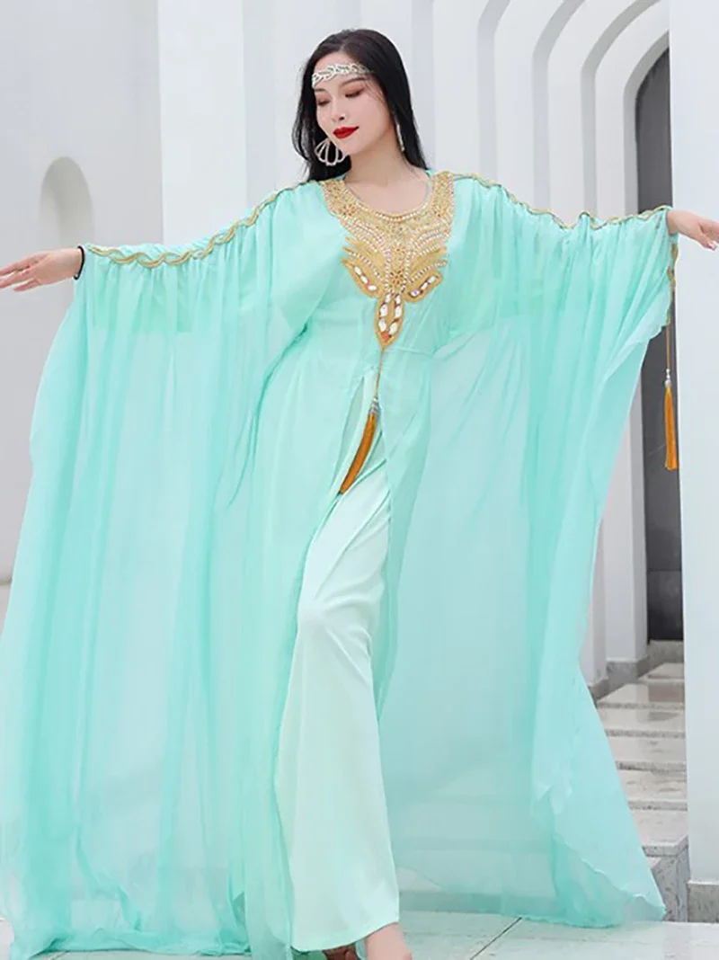 

Women Belly Dance Performance Sets Dancewear Slit Large Swing Belly Dance Haliji Robe Persian Gulf Hair Shake Dance Competition