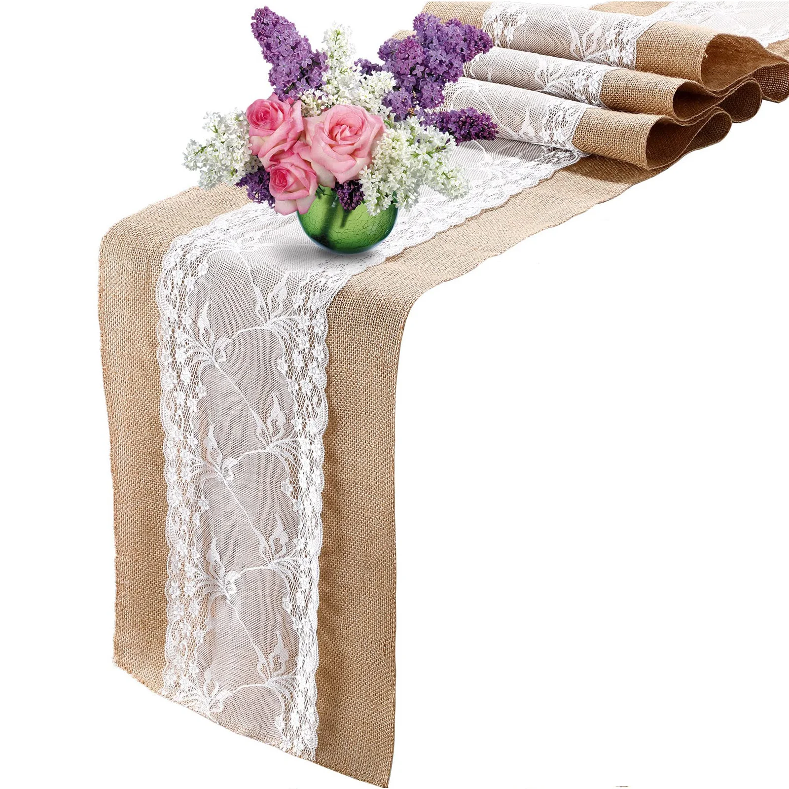 

Wedding Burlap Table Runners with White Lace Rustic Table Runner Decor Vintage Romantic Table Cloth Party Favors