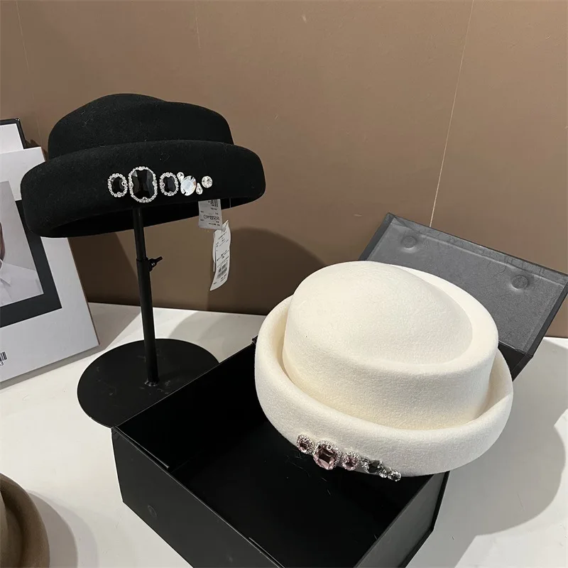 High quality rhinestone wool top hat Korean version versatile beret fashion retro style painter's hat church dress bucket hat 48 Mallzona S600cce0dd47f45c88a3837d5a13355c2z High quality rhinestone wool top hat Korean version versatile beret fashion retro style painter's hat church dress bucket hat Mallzona