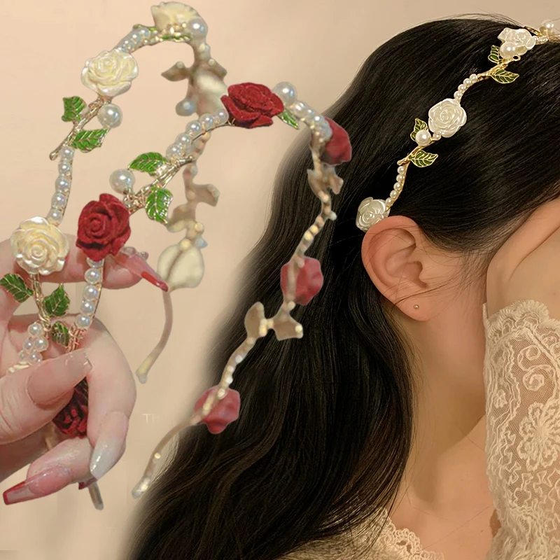 

Fashion Luxurious Elegant Rose Vine Headband Women Hairbands Sweet Bride Flower Head Hoop Hair Clip Wedding Hair Accessories