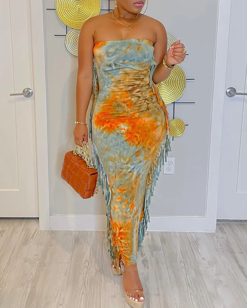 Tassel Design Bandeau Tie Dye Print Skims Dress Women Floral High Waist Strapless Sleeveless Summer Sexy Dress
Tassel Design Bandeau Tie Dye Print Skims Dress Women Floral High Waist Strapless Sleeveless Summer Sexy Dress