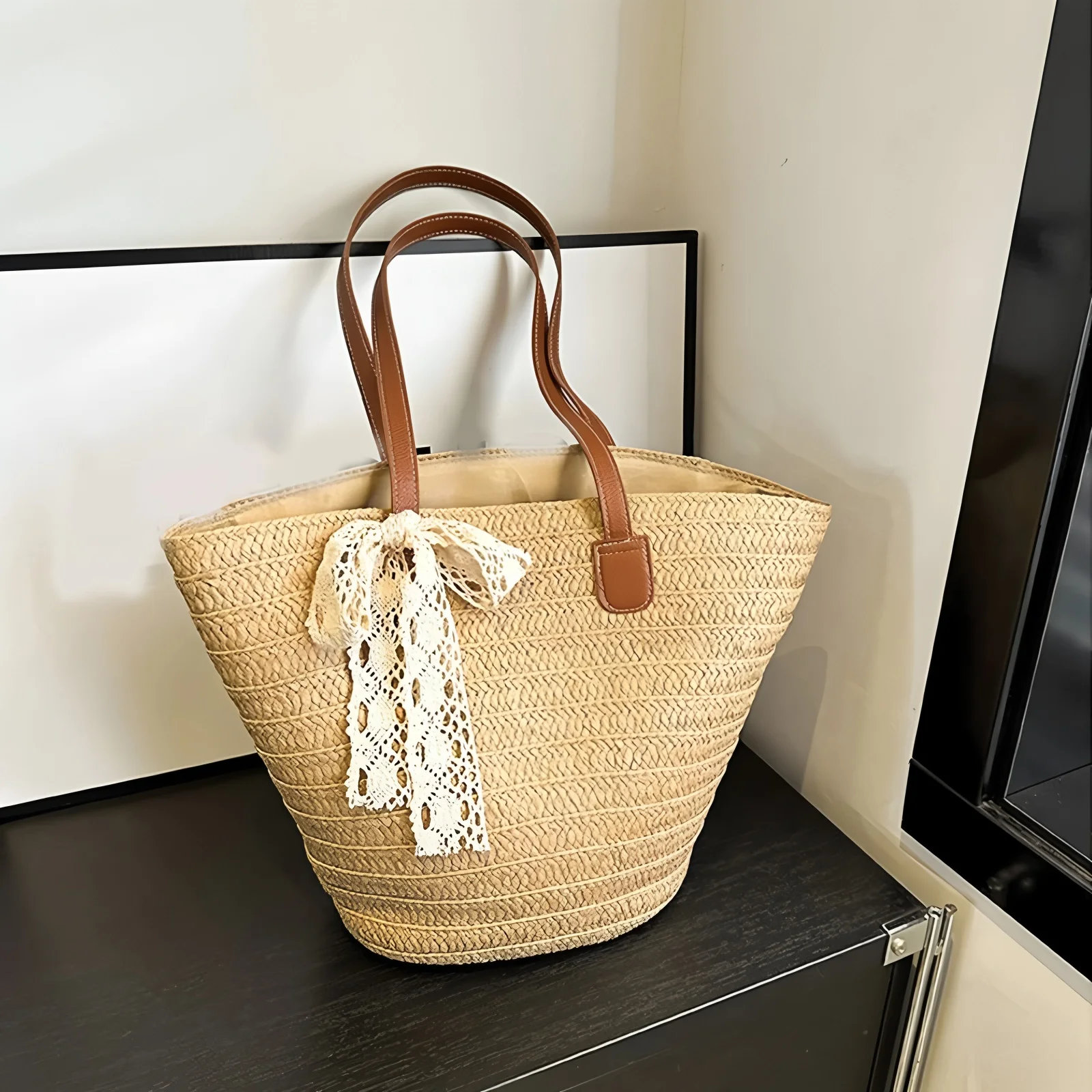 Knitted Straw Luxury Shoulder Bag - Large Woven Beach Shopper Basket 12 S600fc8ee5fcc46c49de33a5a3271c3f9Q