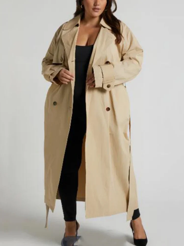 

Женский двубортный длинный Тренч, классическое пальто цвета хаки с отложным воротником и длинным рукавом и поясом, осенняя верхняя одежда