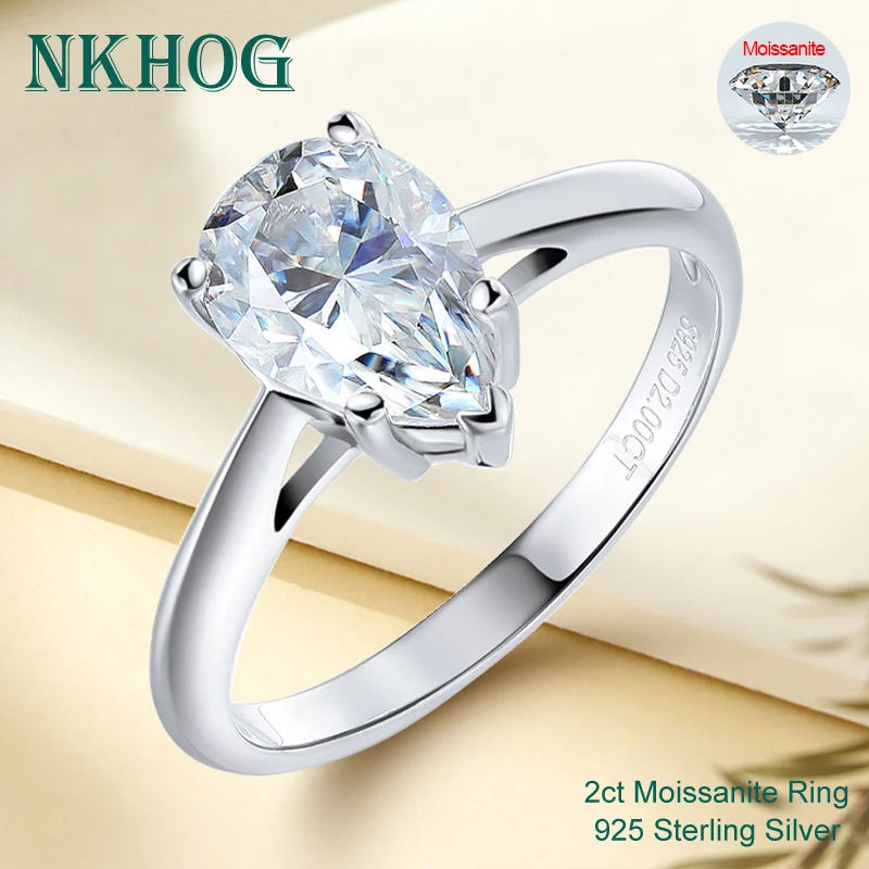 

NKHOG 2CT Pear Cut Moissanite Ring Women 925 Sterling Silver Women Sparking Solitaire Water Drop Diamond Wedding Gifts Rings GRA