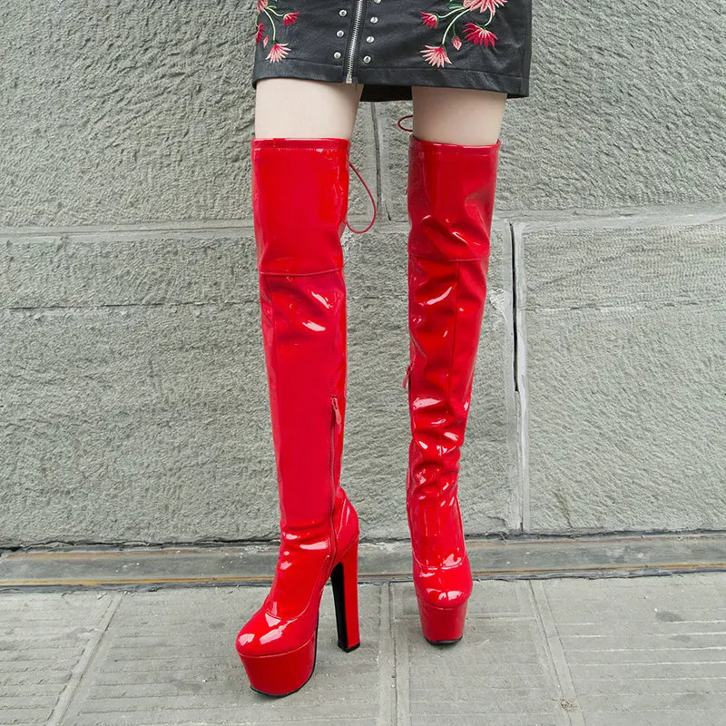 

Ботфорты женские на платформе, пикантные модные сапоги до бедра, высокий каблук, лакированная кожа, зимняя обувь для танцев, фетиша, красный цвет