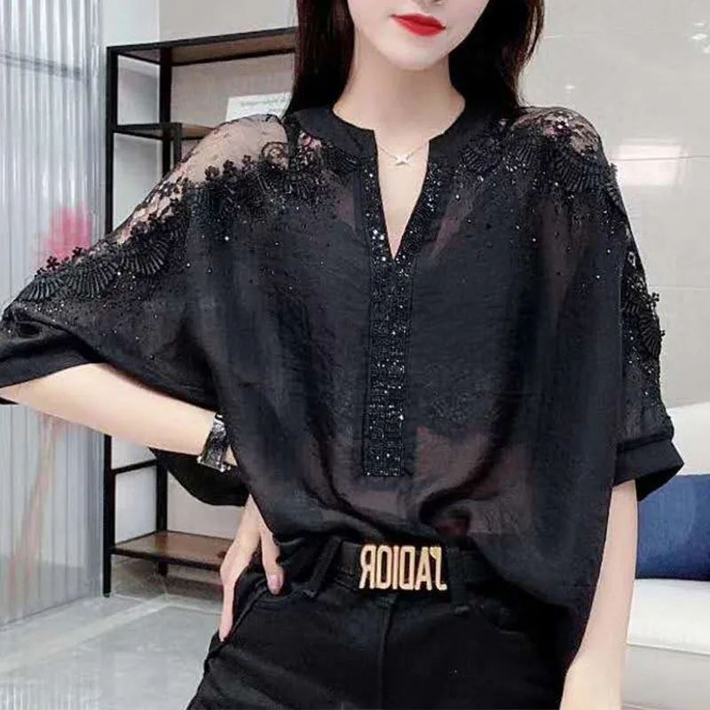 

Модные классические универсальные однобортные блузки со стразами, шикарная Свободная рубашка летучая мышь, корейский топ, женская одежда 2023