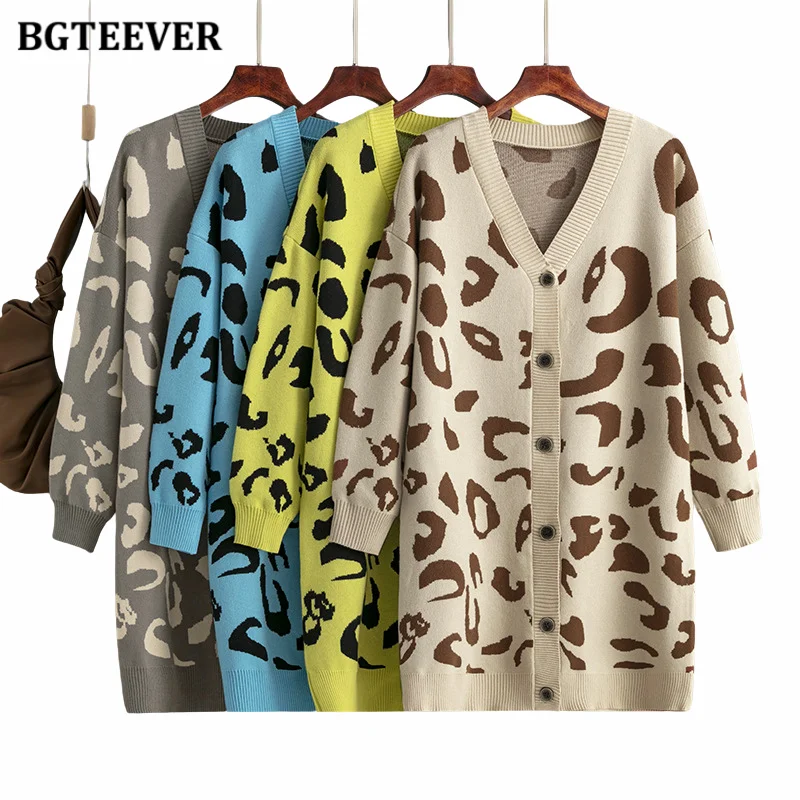

Повседневные свитера BGTEEVER с V-образным вырезом и леопардовым принтом, женские однобортные вязаные кардиганы, зимние вязаные пальто для женщин