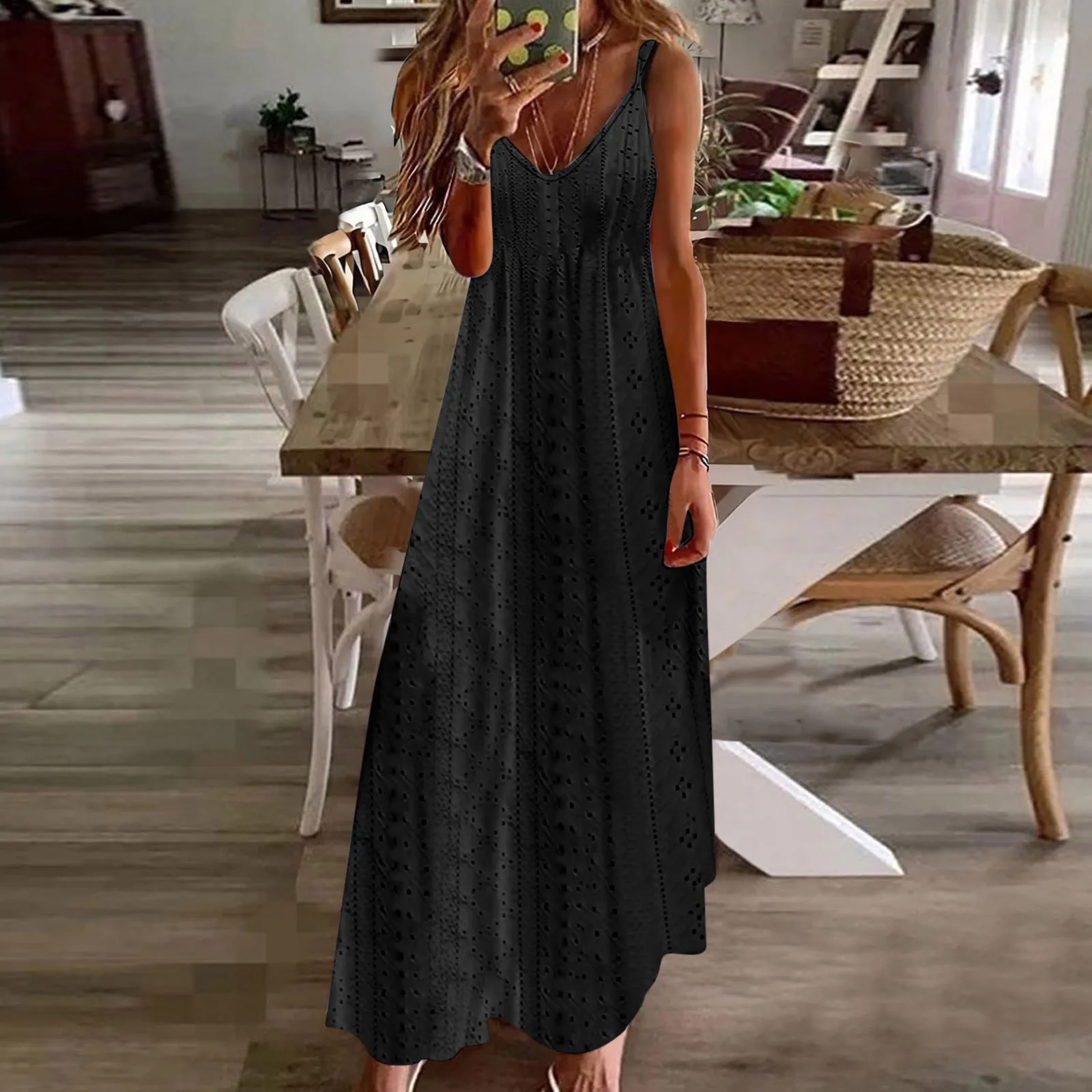 

Платье женское однотонное с длинным рукавом, жаккардовое Макси-Платье с V-образным вырезом, свободное Макси-платье с длинным рукавом, лето 2024