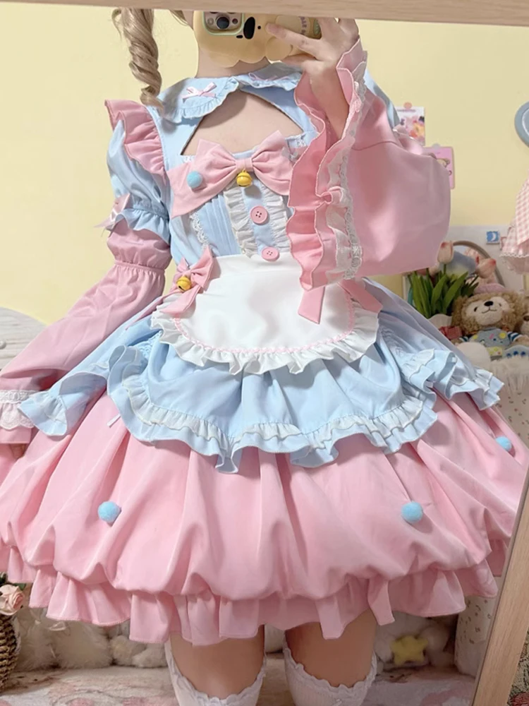 

KIMOKOKM Kawaii Lolita Ruffles Maid Apron Dress Sweetheart Peter Pan Collar Hollowing Out Contrasting Color Bow Girly Mini Dress