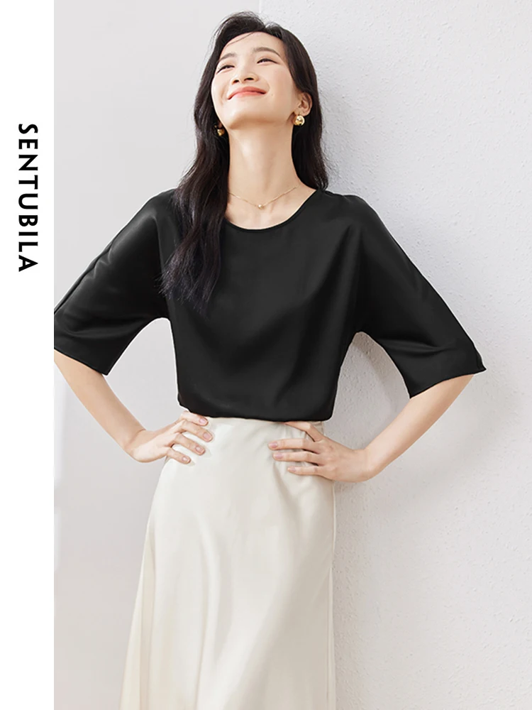 

Черная шифоновая рубашка SENTUBILA, Простые Модные женские топы с круглым вырезом и рукавами «летучая мышь», летняя однотонная блузка для женщин, 132V50164, 2024