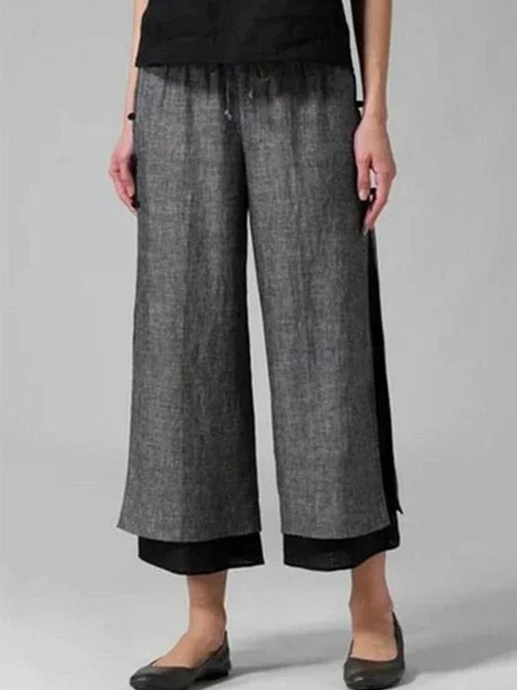 

Модные брюки из хлопка и льна до щиколотки для женщин, повседневные ретро брюки в стиле пэчворк, брюки из двух частей, винтажные прямые брюки с разрезом