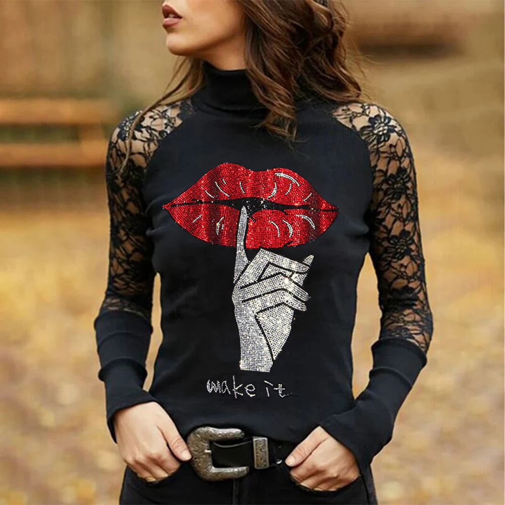 

Spring Red Lips Hot Drill Print Ladies T-Shirt Fashion Solid Lace Sexy Women TShirt Y2k Gothic Tee Long Sleeve Ol Clothes Tops