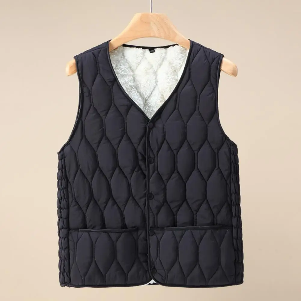 

Fall Winter Women Vest Thick Padded Plush V Neck Sleeveless Solid Color Single-breasted Soft Warm Windproof Rhombus Texture Lady