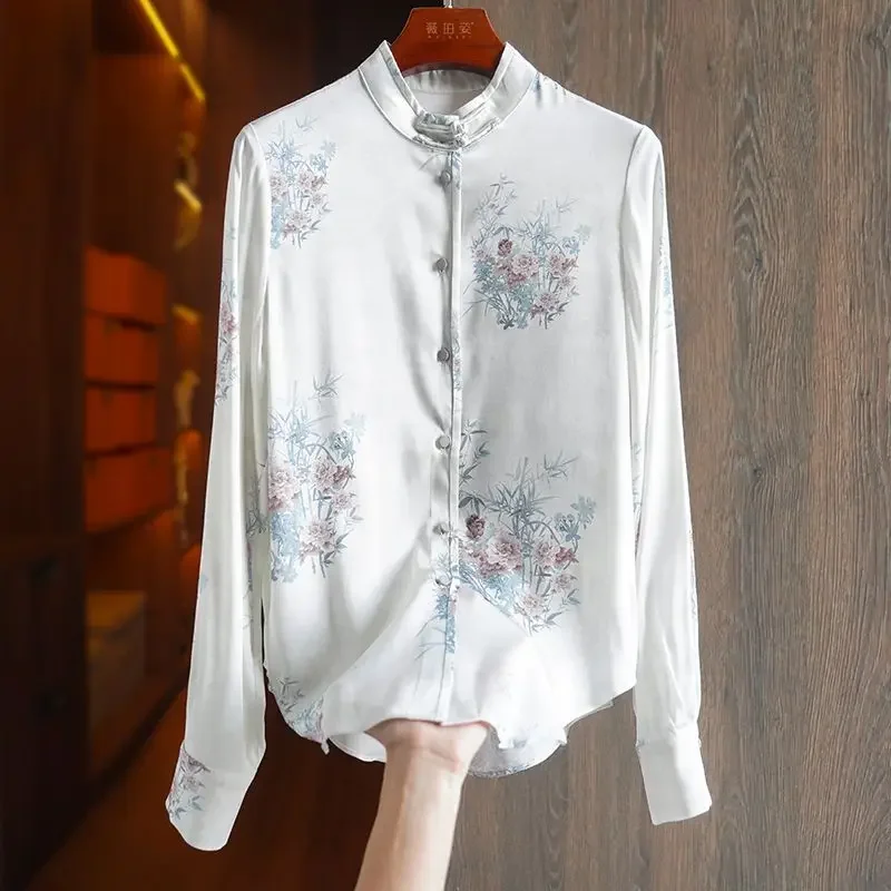 

YCMYUNYAN-Атласные Рубашки с принтом для женщин, шелковые винтажные блузки, женская одежда с круглым вырезом, свободная полная Мода, топы в китайском стиле