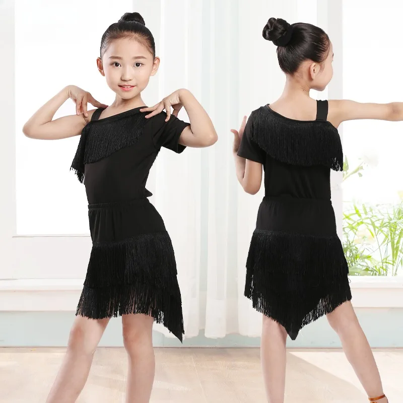 

Children's Summer Practice Skirt Tassel Split Skirt Performance Competition Grading Black Girls Latin Dance Skirt