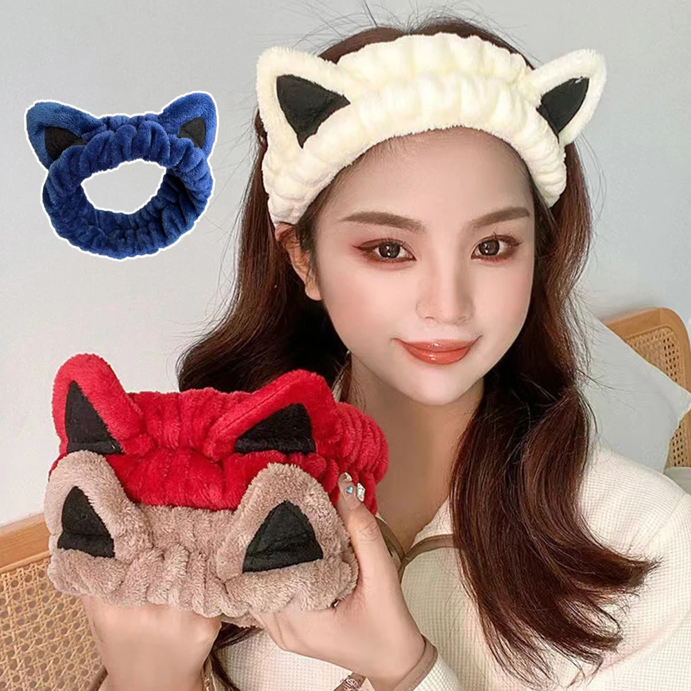 

Cute Cat Ears Headband For Women Winter Plush Makeup Wash Hairband Girls Elastic Hair Bands Turban Head Bands Hair Accessories