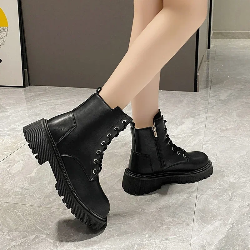 

ZOCI 2023 New Warm m2 Leather Snow Boots Woman Black Winter Lace-Up Flat Heels Cotton Shoes