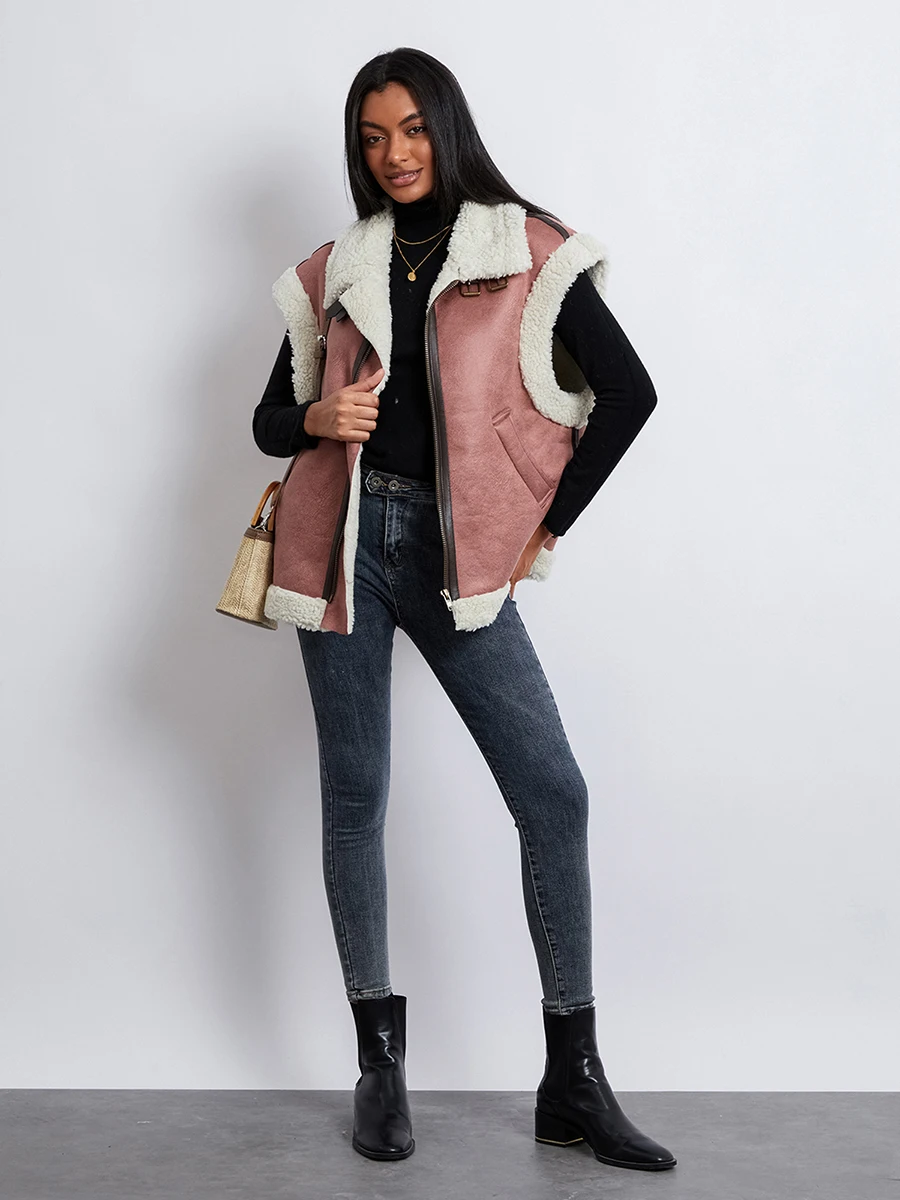 

Women Suede Sherpa Vest Sleeveless Sherpa Fleece Jacket Warm Shearling Lined Waistcoat with Pockets Fall Outwear