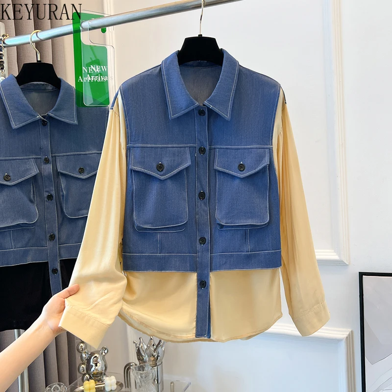 

M-4XL Oversize Fake Two-piece Denim Spliced Shirt Women 2024 Spring New Big Size Long Sleeve Blouse Female Tops Camisas De Mujer