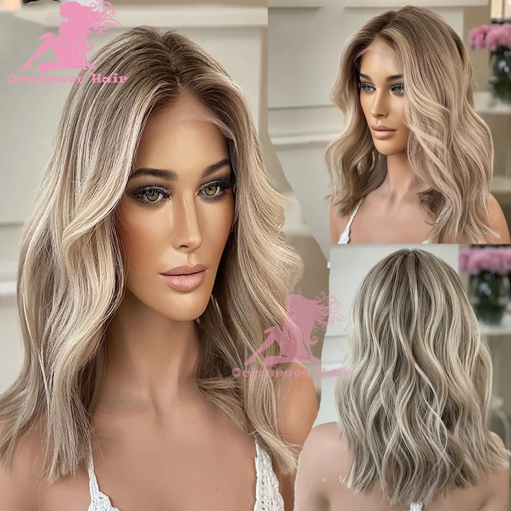 

Lace Wig Human Hair Brown Ombre Highlight Ash Blonde Transparent Swiss 13x4 Lace Front Wigs Preplucked Full Lace Glueless Human