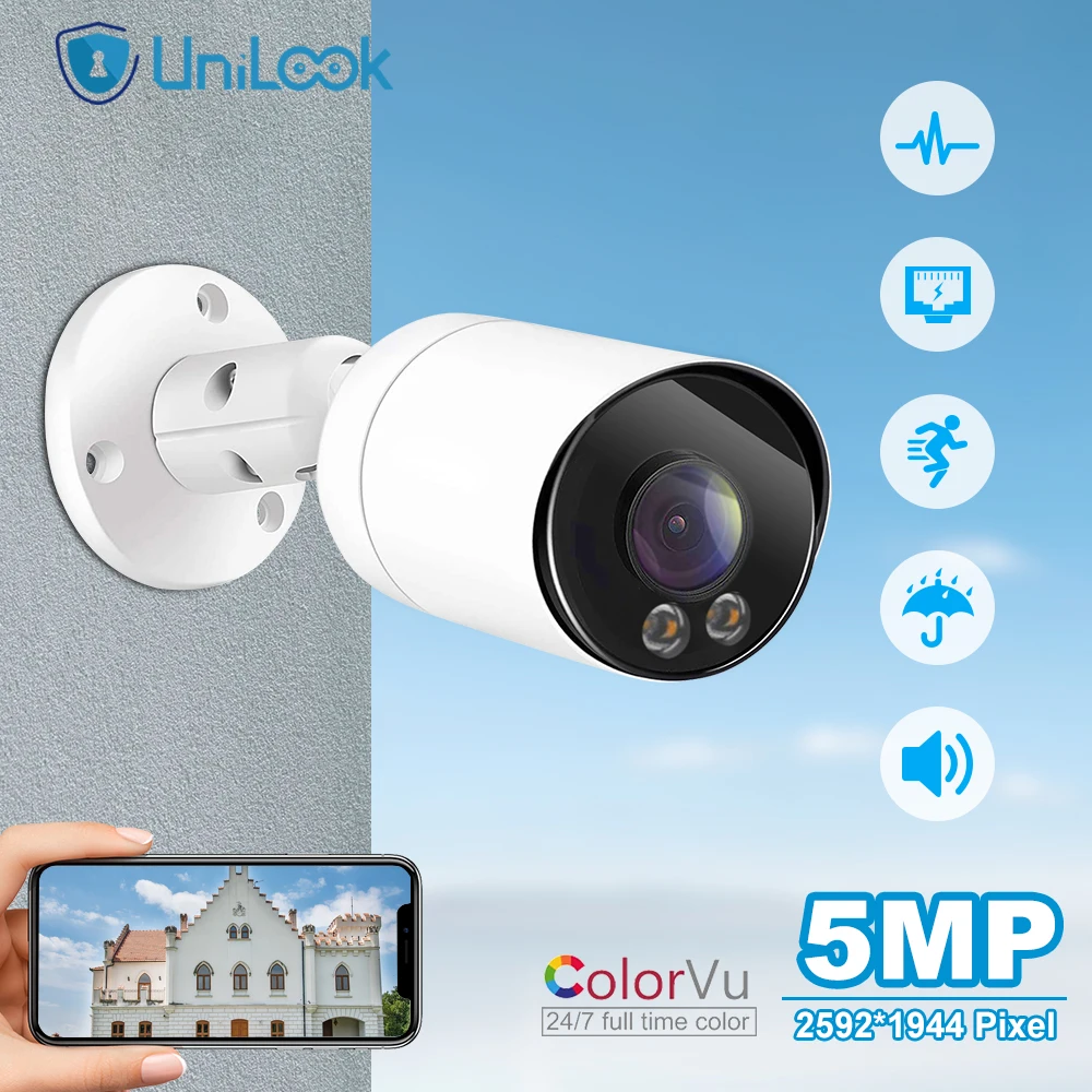 

UniLook 5MP Bullet ColorVu POE IP Camera CCTV Security IP66 Built in Microphone IP Camera 30m IR Built-in Mic IP66 H.265 Danale