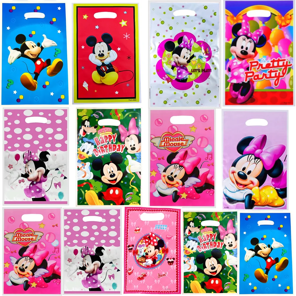 

Disney Pink Minnie Mouse Plastic Candy Loot Bag Handle Gift Bags For Kids Girl Favor Mickey Birthday Party Decor Favor Supplies