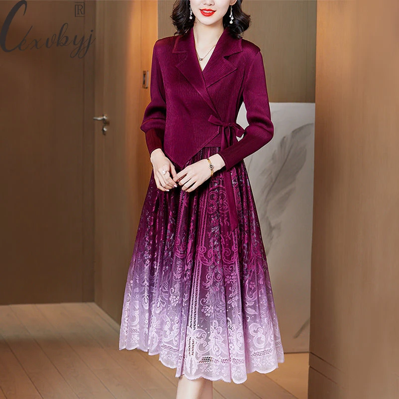 Fashion Tie Dye Party Dress Women French Style Long Sleeve Pleated Dress Slim Waist Suit Collar Fake Two Peice Dress Luxury
Fashion Tie Dye Party Dress Women French Style Long Sleeve Pleated Dress Slim Waist Suit Collar Fake Two Peice Dress Luxury