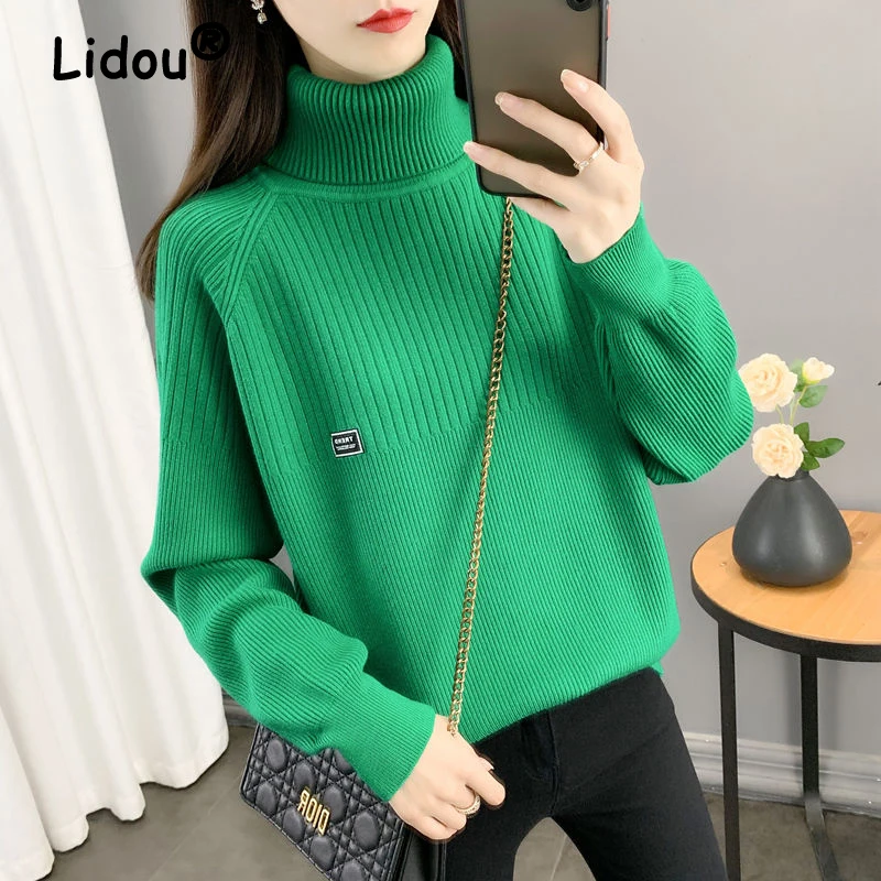 

Fashion Applique Turtleneck Solid Simple Long Sleeve Pullover Knitted Sweater Autumn Winter Women Casual Thick Top Female Jumper