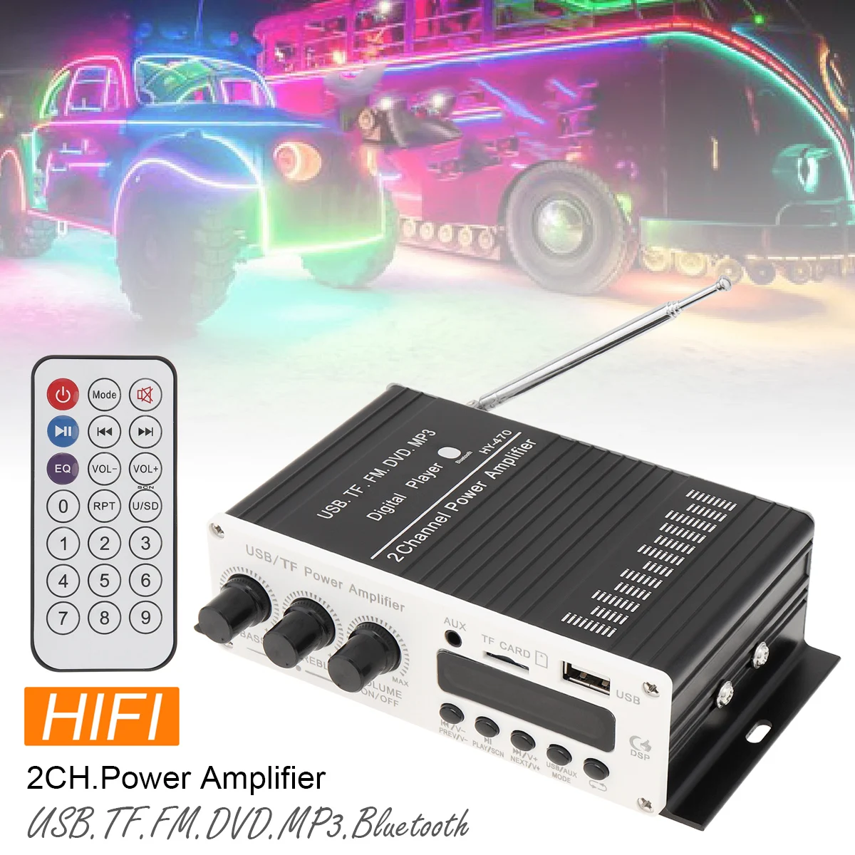 470BT Remote Control 2CH HI-FI Car Audio High Power Amplifier FM Radio Player Support SD / USB / DVD / MP3 / AUX
470BT Remote Control 2CH HI-FI Car Audio High Power Amplifier FM Radio Player Support SD / USB / DVD / MP3 / AUX