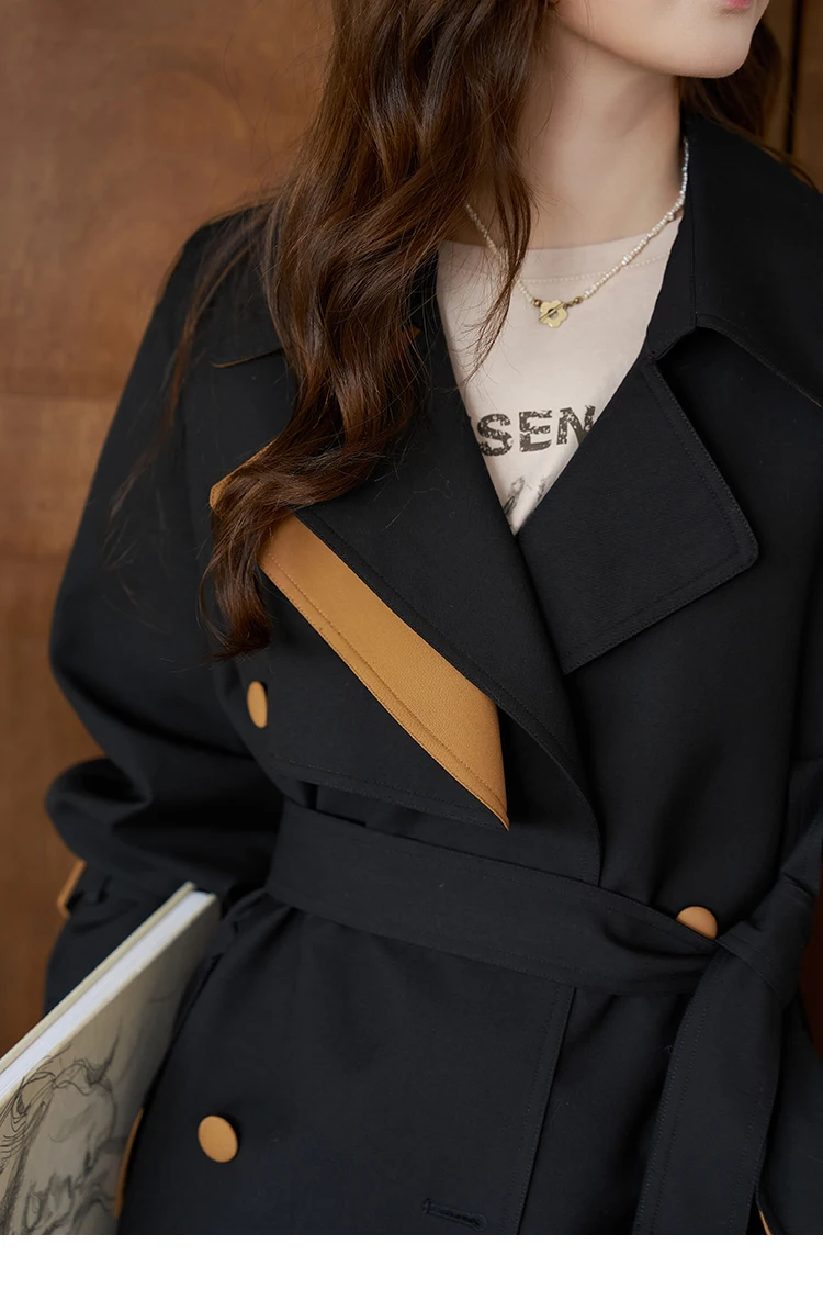 MISHOW Women's Trench 2024 Autumn Vintage Contrast Turn-down Collar Loose Female with Belt Double Breasted Solid Coat MXC44W0040 MISHOW Women's Trench 2024 Autumn Vintage Contrast Turn-down Collar Loose Female with Belt Double Breasted Solid Coat MXC44W0040