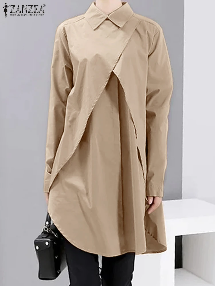 

Весенняя элегантная однотонная Свободная блузка с длинным рукавом, повседневная офисная блузка с отложным воротником, модная Женская Асимметричная рубашка ZANZEA 2024