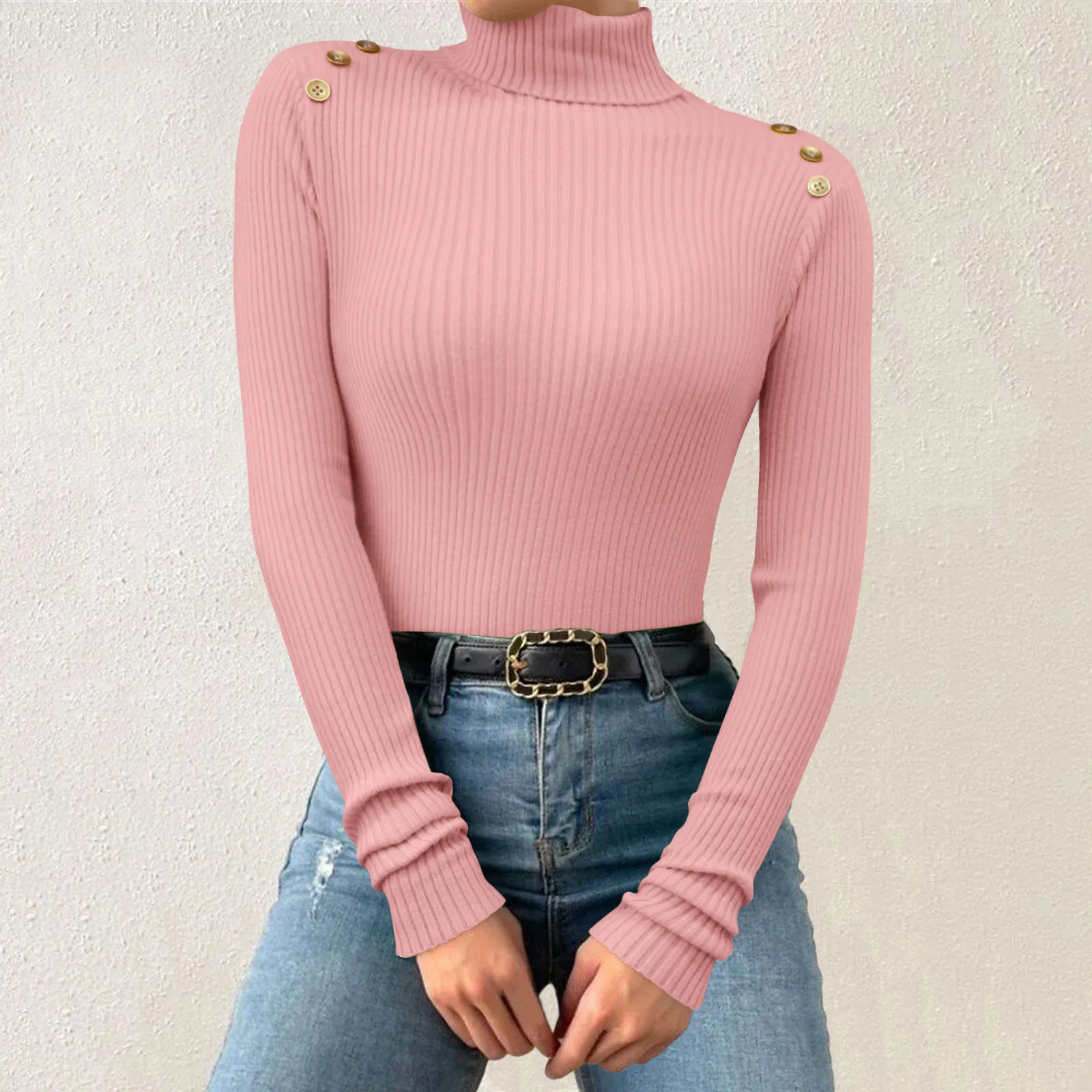 

Women Autumn And Winter Solid Color Turtleneck Bottoming Tops Long Sleeve Button Decorated Warm Slimming Stretch Knitwear Tops