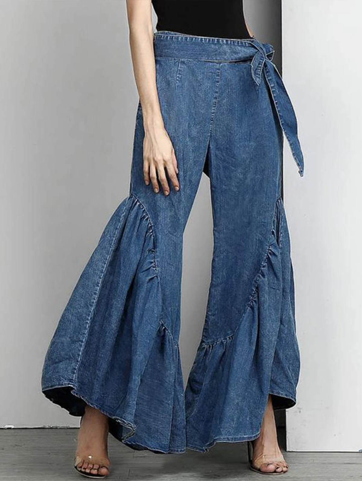 

Women High Waist Wide Leg Jeans Casual Plain Knot Waist Spliced Ruffle Wide Leg Denim Pants Straight Trendy Long Pants