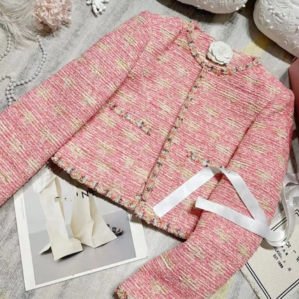 Pink Striped Woolen Tweed Knit Short Jacket for Women's Long Sleeve Sweet Autumn Style Cardigan Coat 2023
Pink Striped Woolen Tweed Knit Short Jacket for Women's Long Sleeve Sweet Autumn Style Cardigan Coat 2023