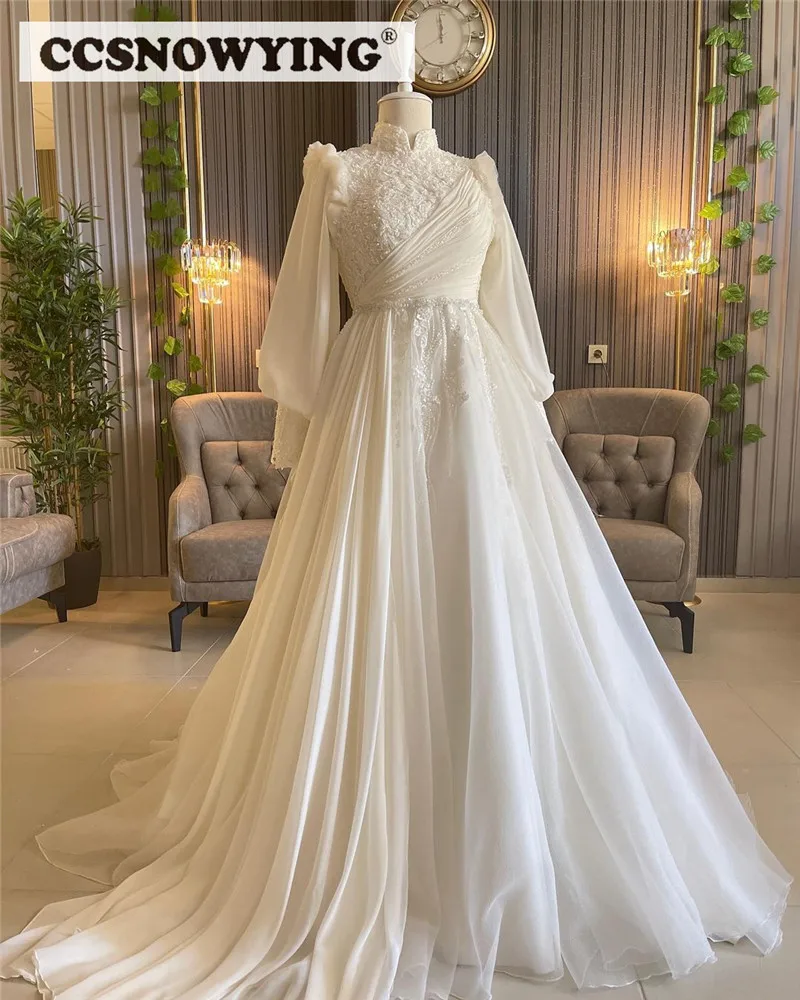 Chiffon Appliques Long Sleeve Muslim Wedding Dress for Bride Hijab Islamic Bridal Gowns High Neck Women Arabic Robe De Mariée
Chiffon Appliques Long Sleeve Muslim Wedding Dress for Bride Hijab Islamic Bridal Gowns High Neck Women Arabic Robe De Mariée